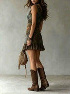 Irregular Ruffle Sloping Shoulders Patchwork Print Mini&Short Dresses