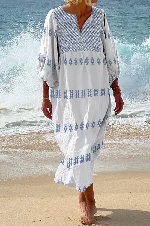 3/4 Balloon Sleeves Bohe Printed Caftan Midi Vacation Dress