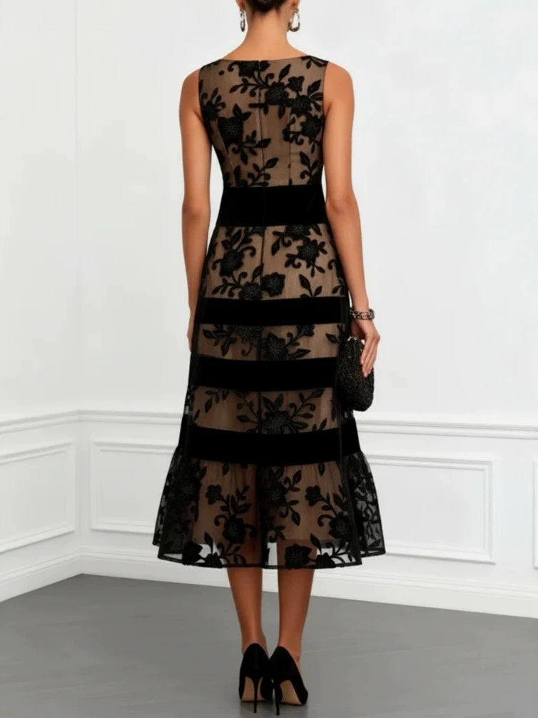Black Mesh Flocked Jacquard Patchwork Slim-fit Midi Dress