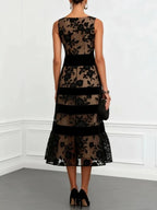 Black Mesh Flocked Jacquard Patchwork Slim-fit Midi Dress