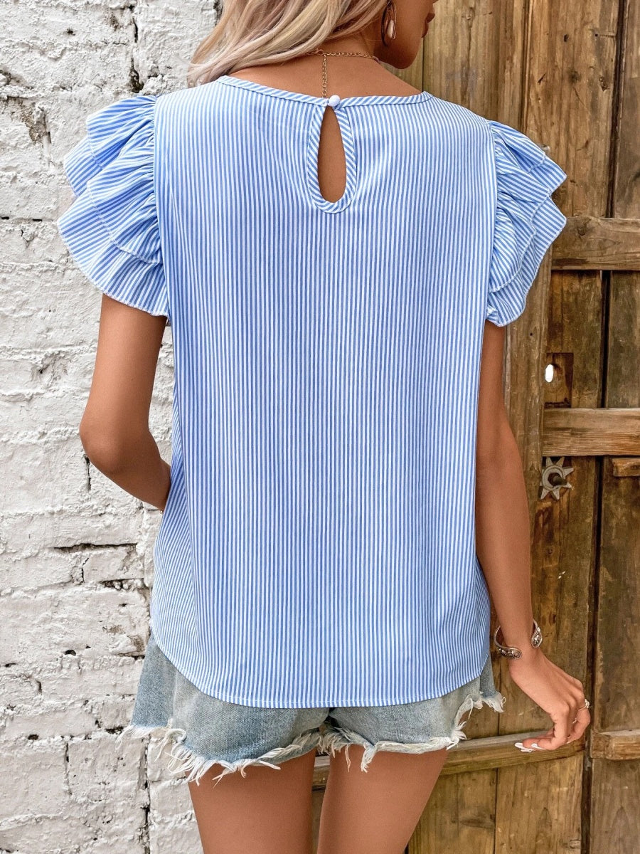 Round Neck Striped T-shirt With Ruffled Sleeves