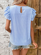 Round Neck Striped T-shirt With Ruffled Sleeves