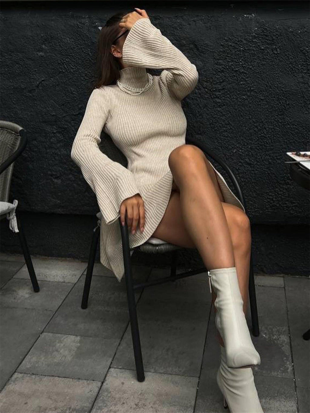 Turtleneck  Flare Sleeve A-line Skirt Knitted Sweaters Midi Dresses