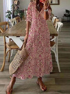 Eyelet Lace Deep V-Neck Tassel Tie Puff Sleeve Tiered Maxi Dress