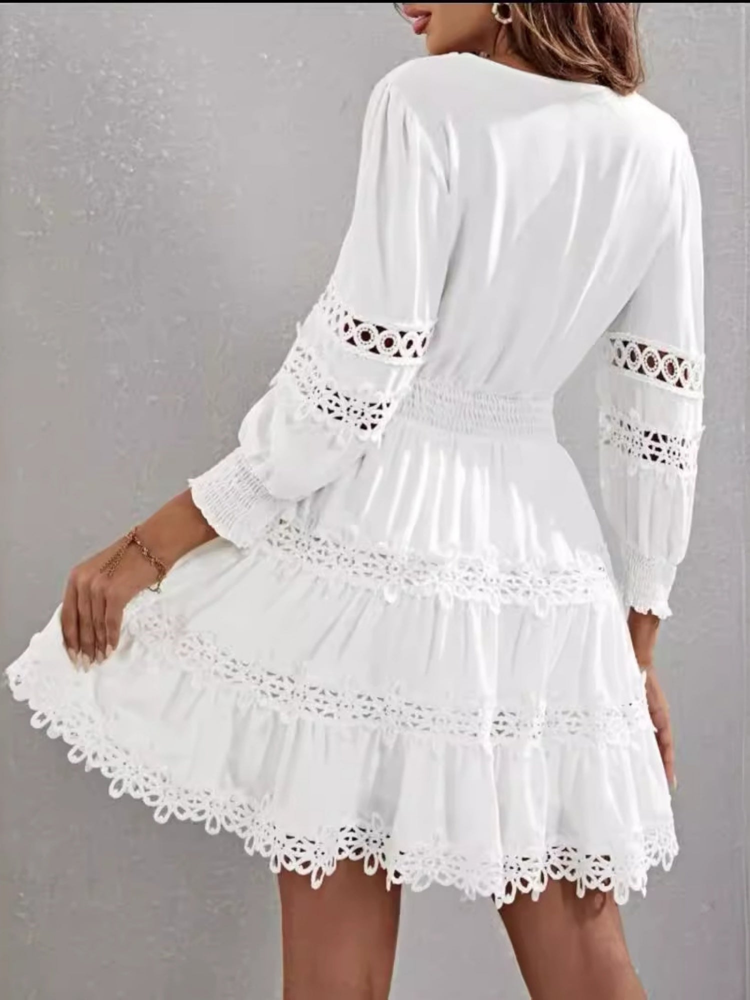 Lace Trim Hollow Out V-neck Long Sleeve Mini&Short Dresses
