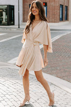 Surplice Wrap Buckle Waist Flutter Sleeve Ruffled Hem Mini Dress