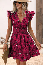 Large Floral Print Wrap V-Neck Flutter Sleeve Smocked Waist Flared Mini Dress