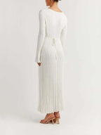 Deep V-Neck Ribbed Knit Long Sleeve Lettuce Edge Trim Maxi Dress