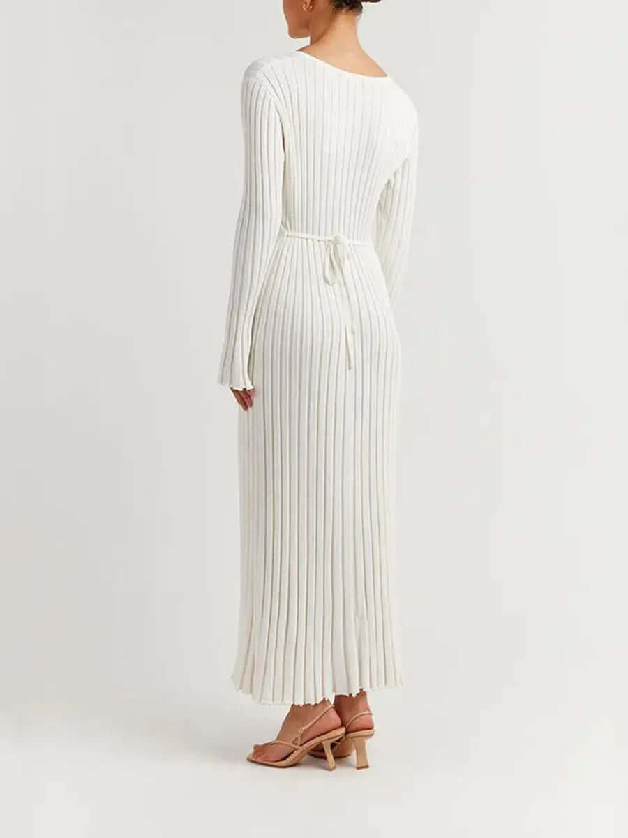 Deep V-Neck Ribbed Knit Long Sleeve Lettuce Edge Trim Maxi Dress