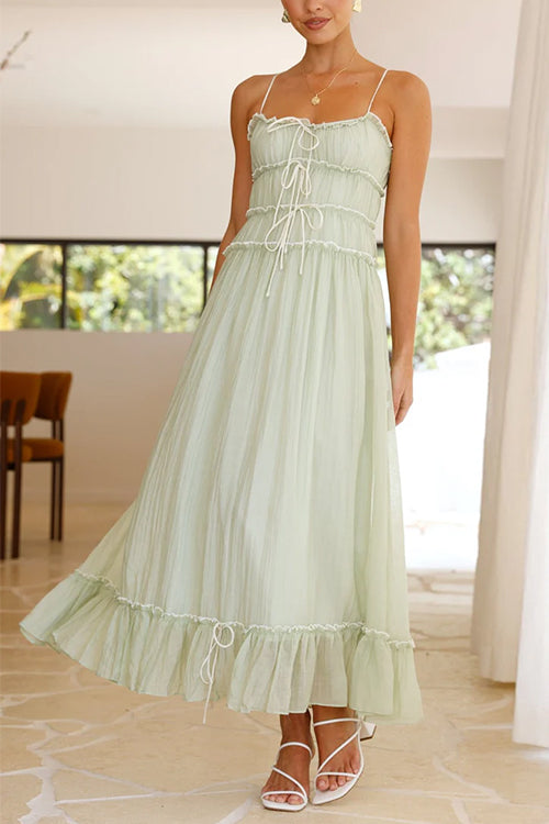 Frill Trim Lace Up Ruched Maxi Cami Dress