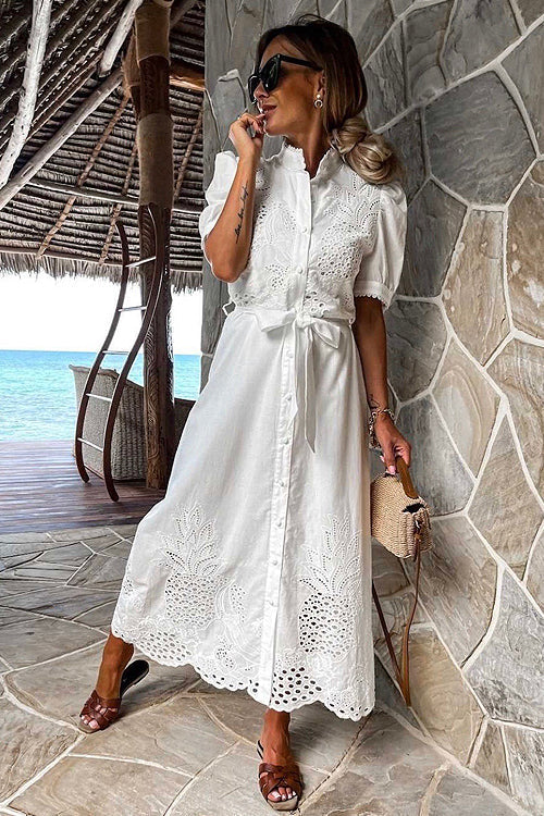 Pineapple Eyelet Embroidery Puff Sleeve Shirt Collar Button Midi Dress
