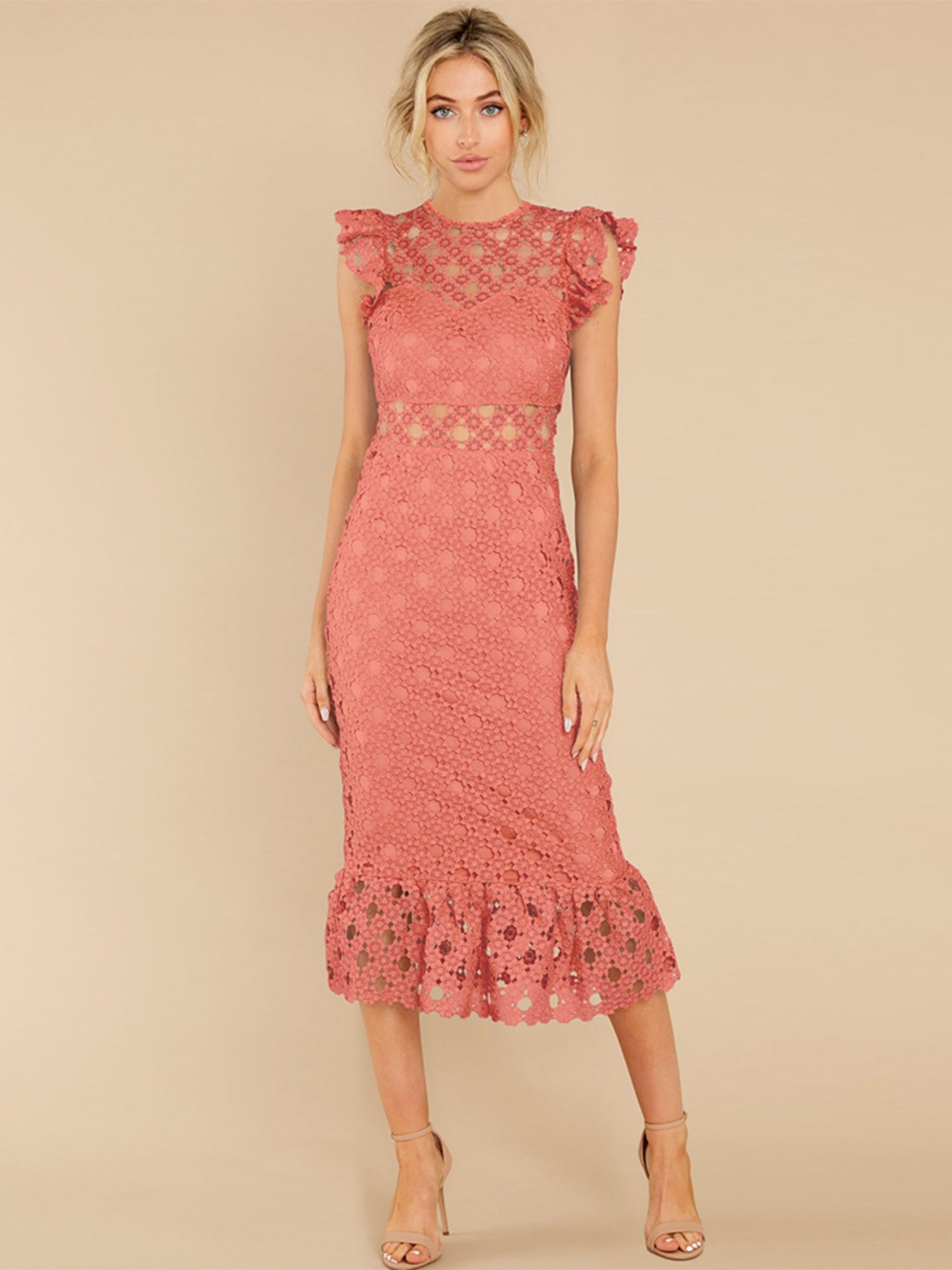Lace Trim Hollow Out Hip Wrap Maxi Dresses