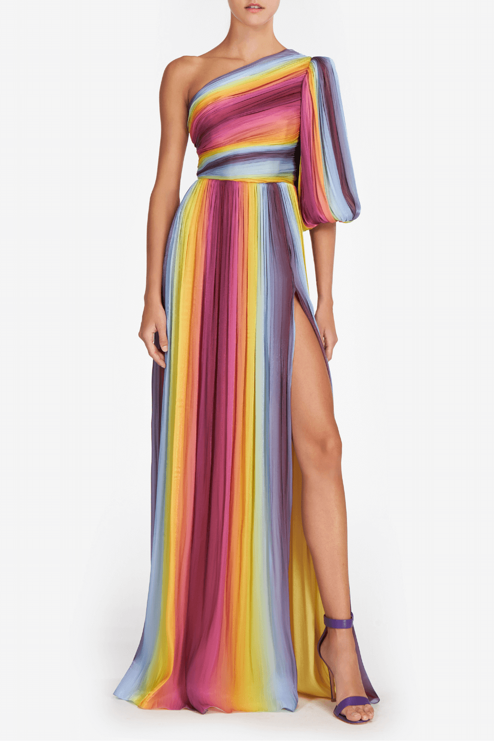 Ombré Stripe Print One Shoulder Puff Sleeve Ruched Bodice High Slit Maxi Dress