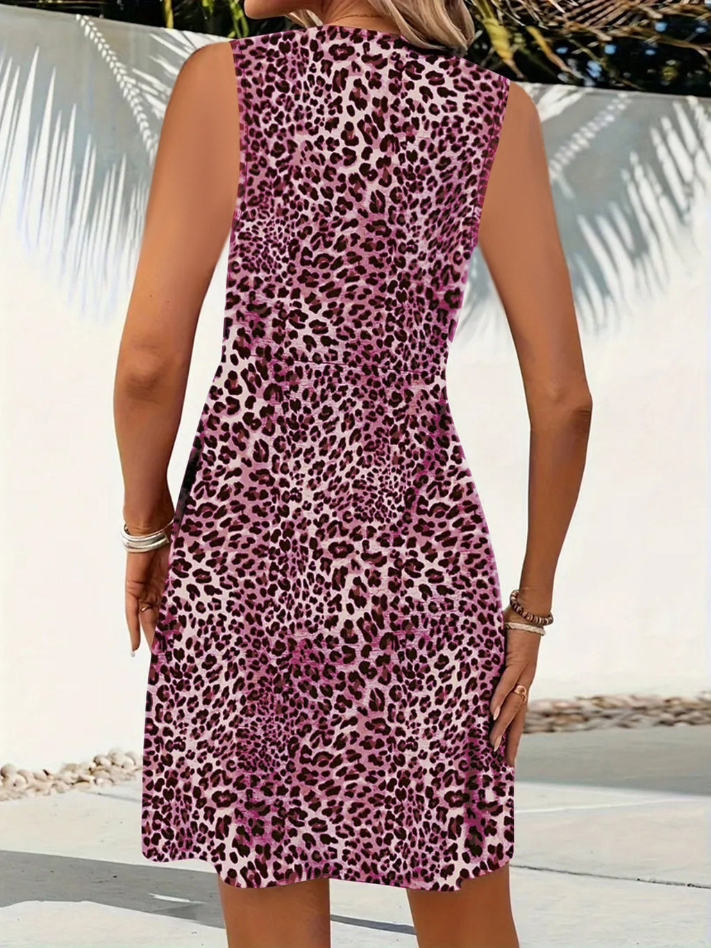 Leopard Print Knot V-neck Sleeveless Mini&Short Dresses