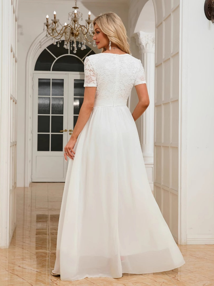 Lace Trim Splicing Chiffon Waist V-neck Maxi Dresses