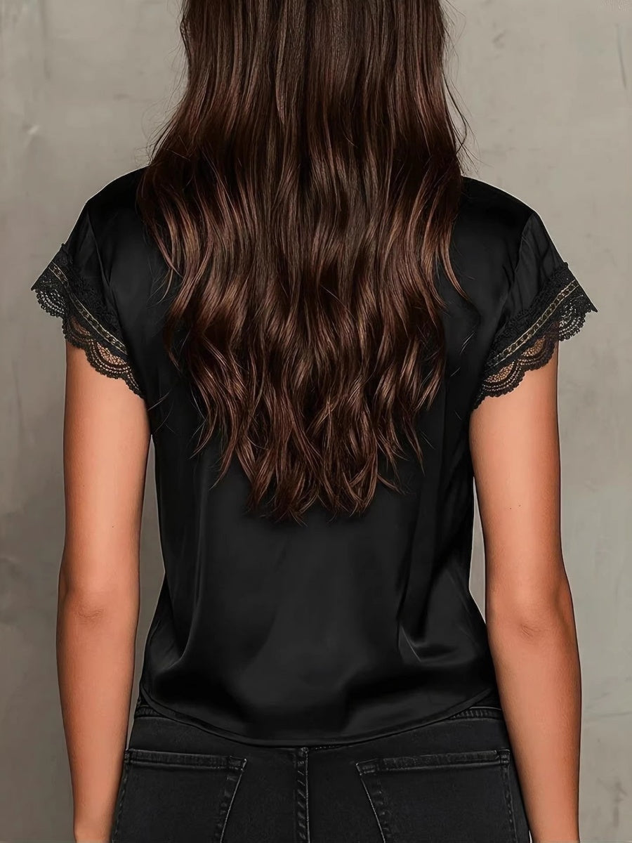 Satin Lace Trim Shirts V-neck T-shirts