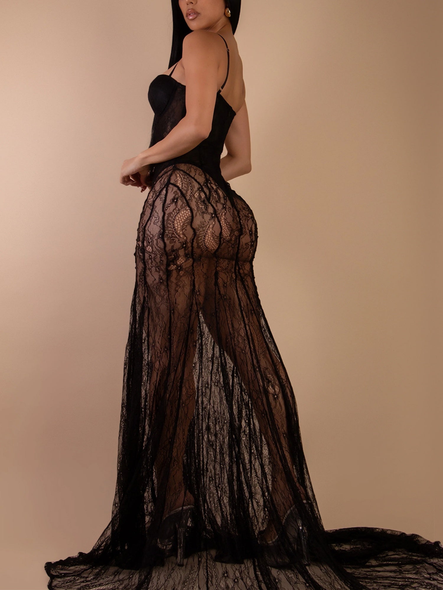 Lace Patchwork Evening Gown See-through Backless Camisoles Maxi Dresses