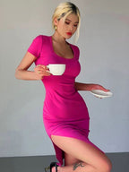 Slit Slim Fit Hip Body Square Neck Short Sleeve Mini&Short Dresses