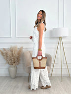 Heavy Embroidered Hollow V-neck Vest Top With Wide-leg Straight Trousers 2-piece Sets