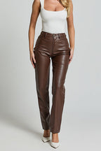 High Rise Pocketed Casual Faux Leather Pants