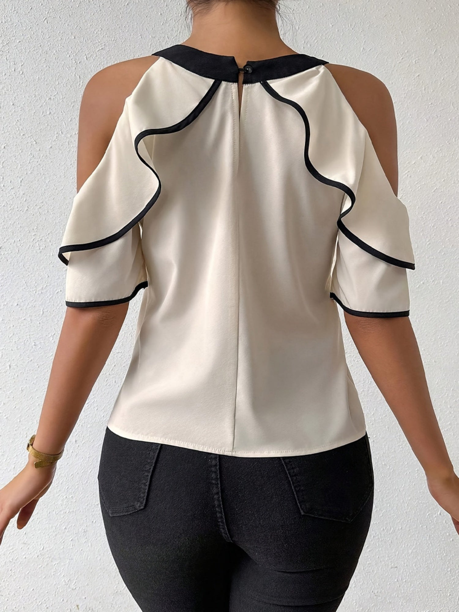 Bow Neckline Off-shoulder Double-layer Short Sleeve T-shirts