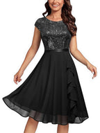 Crew Neck Sequins Chiffon Splicing Evening Dress Mini&Short Dresses