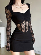 Lace Patchwork Perspective Pleated Hip Wrap Mini&Short Dresses