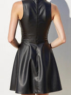 Crew Neck Sleeveless Waist PU Leather Mini&Short Dresses