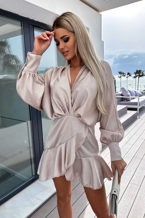 Satin Wrap V-Neck Balloon Sleeve Ruffle Hem Wrap Mini Dress