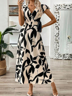 V-neck Ruffle Printed Vacation And Leisure Maxi Dresses