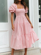 Plaid Puff Sleeve U-neck Mini&Short Dresses