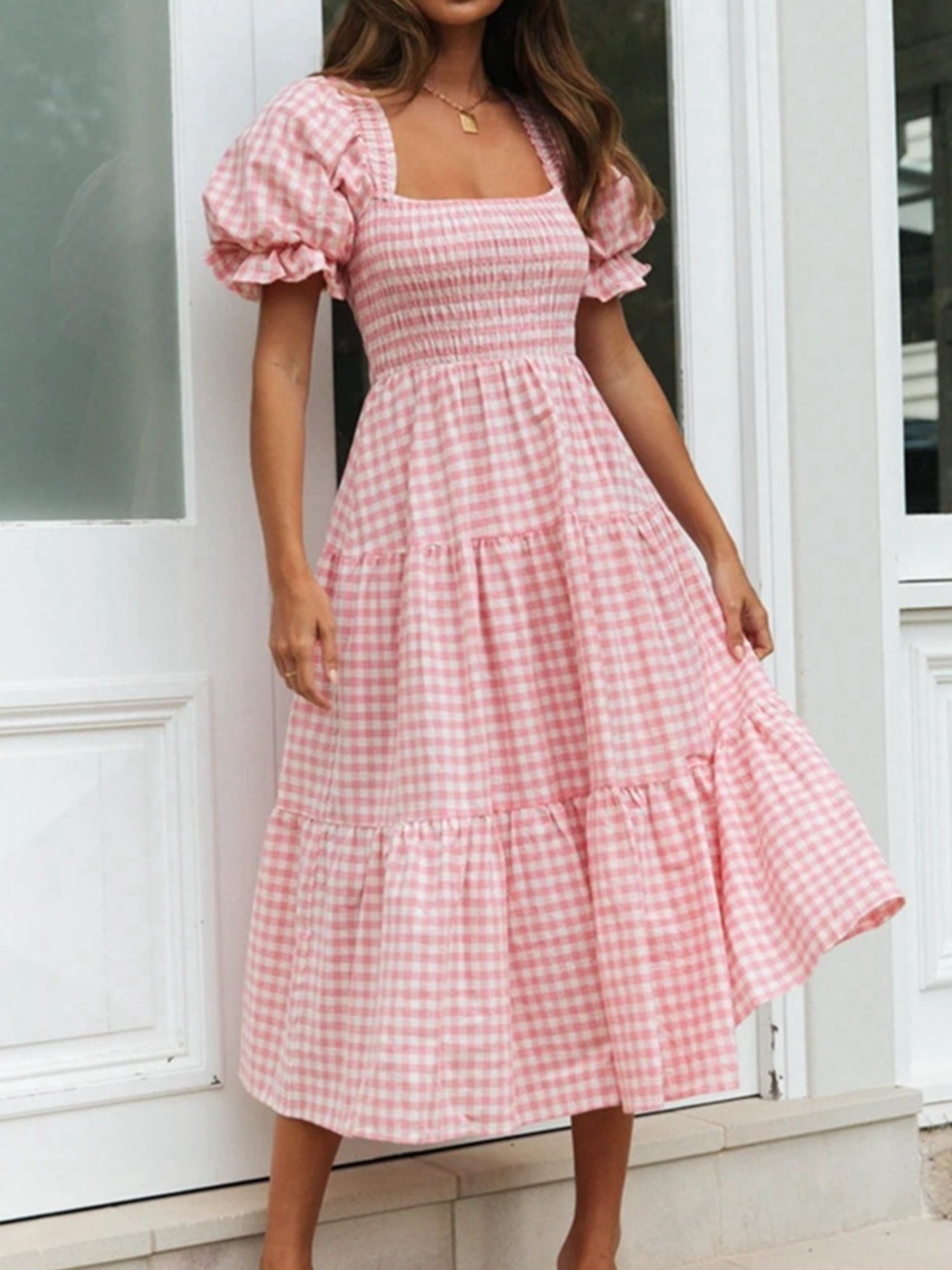 Plaid Puff Sleeve U-neck Mini&Short Dresses