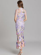 Embroidered 3D Floral Fitted Waist Short-sleeved Long Dress