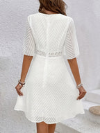Lace Patchwork Hollow Out Stripes V-neck Short Sleeve Mini&Short Dresses