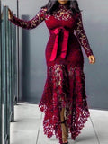 Lace Cutout Lace Up Stand-up Collar Long Sleeves Maxi Dresses