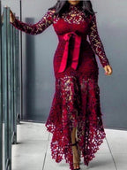 Lace Cutout Lace Up Stand-up Collar Long Sleeves Maxi Dresses
