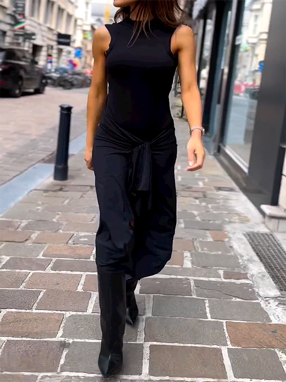 Mock Neck Sleeveless Knot Front Ruched Wrap Asymmetric Hem Midi Dress