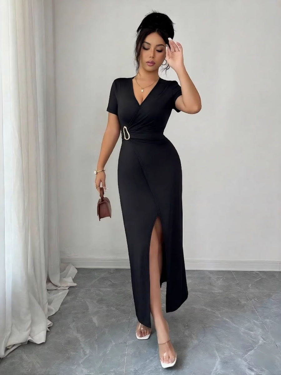 V-neck Cross Metal Buckle Pleated Slit Maxi Dresses
