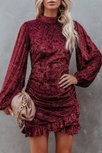 Burnout Velvet Mock Neck Damask Bishop Sleeve Ruched Flounce Mini Dress