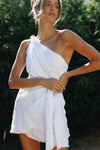 One Shoulder Pleated Bodice Tie Waist Wrap Skirt Gauze Mini Dress