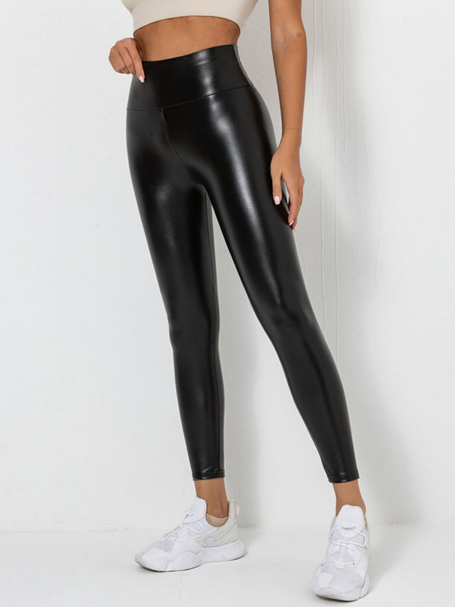 PU Glossy Patent Leather Cropped Pants Skinny Jeans Elastic Slim Fit Leather Pants