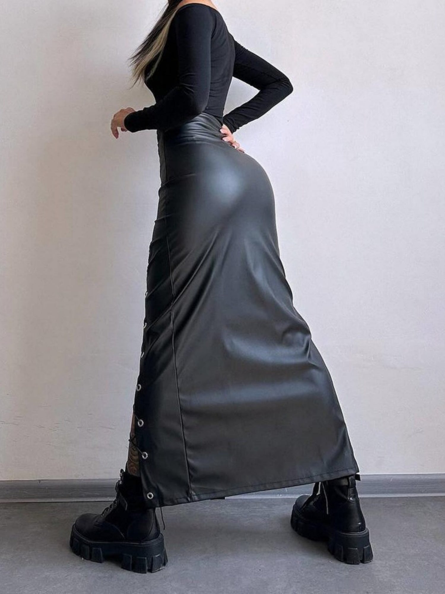 PU Leather Lace Up Slit Bodycon Skirt