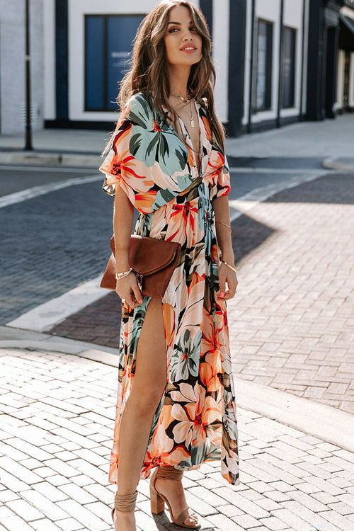 Large Scale Floral Print Deep V-Neck Flutter Sleeve High Split Maxi Dress