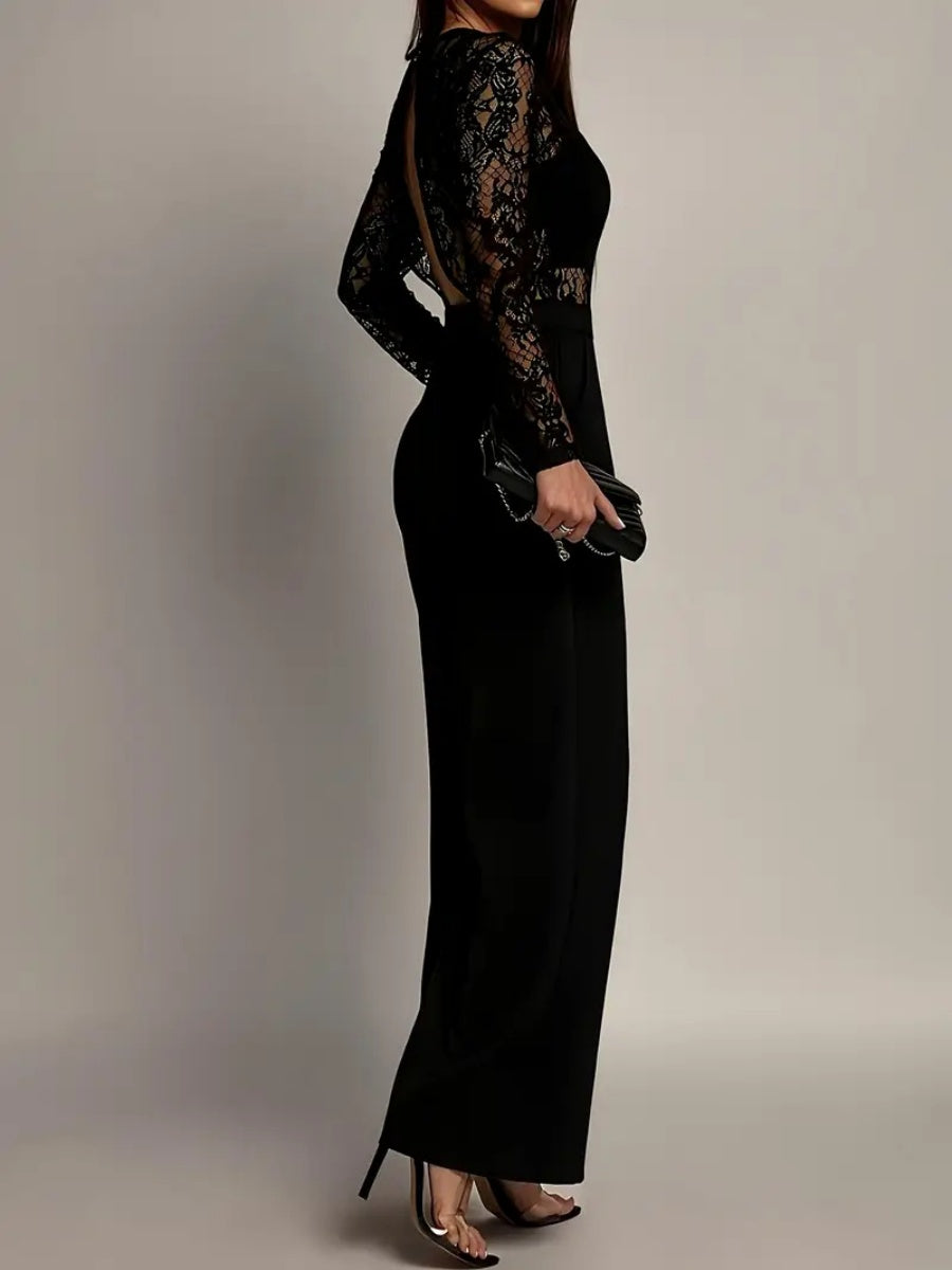 Lace Stitching Perspective Long Sleeve Wide Leg Jumpsuits
