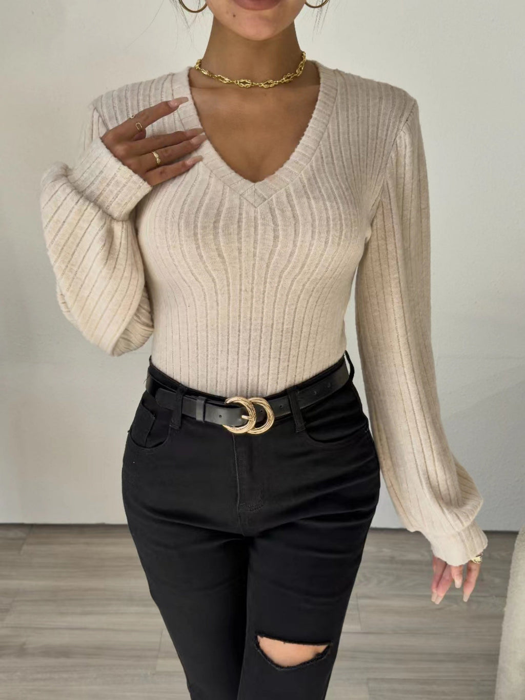 V-neck Brushed Ribbed Lantern Sleeve Long-sleeved Knitted Bodycon Jumpsuit Top