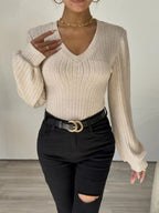 V-neck Brushed Ribbed Lantern Sleeve Long-sleeved Knitted Bodycon Jumpsuit Top