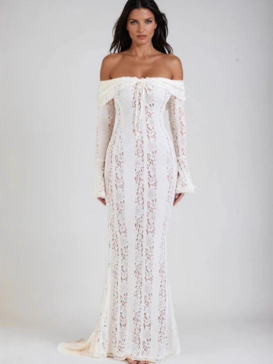 Lace Hollow Off Shoulder Flared Sleeves Hip-hugging Maxi Dresses