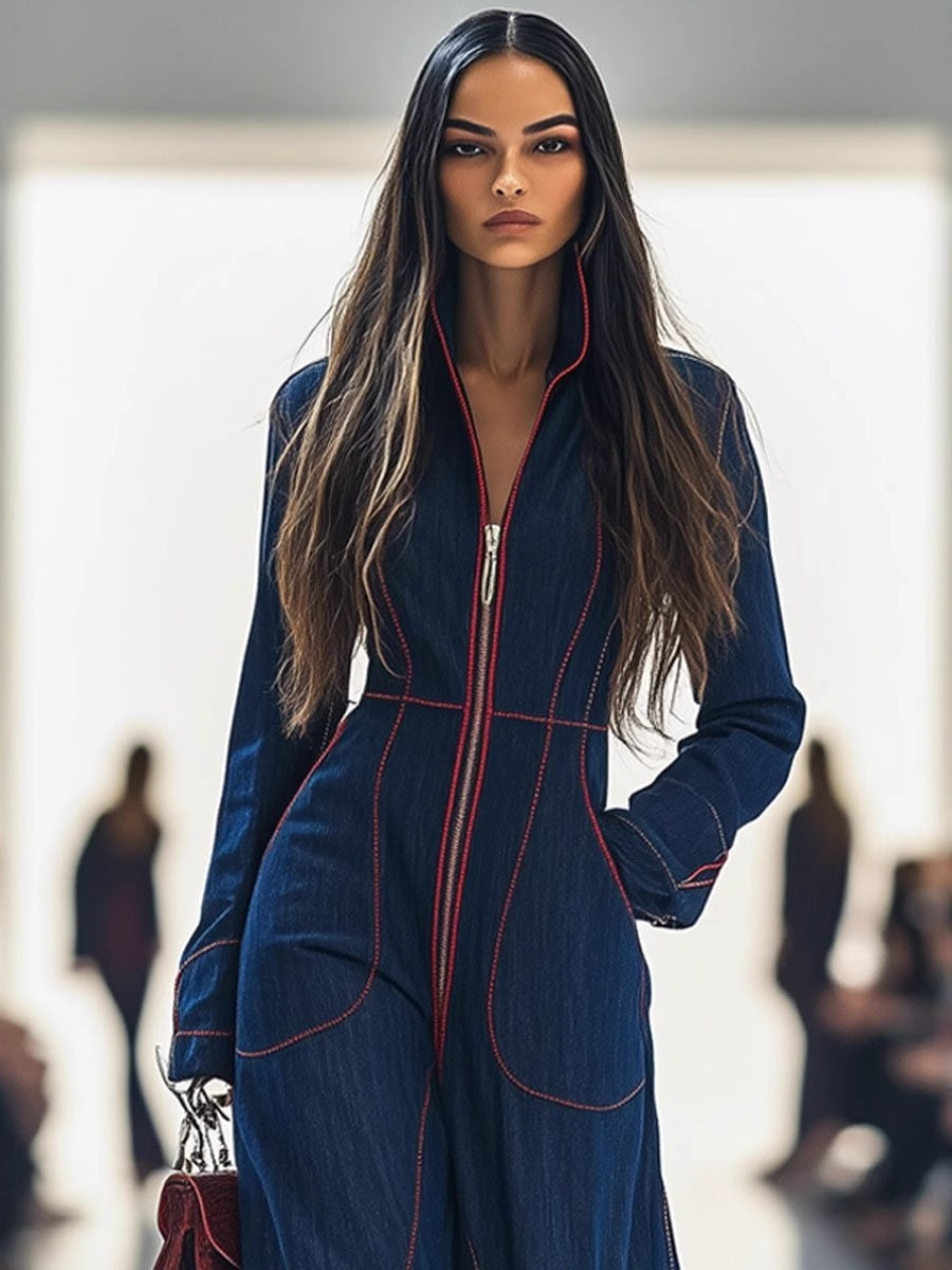 Slim-fit V-neck Casual Denim Jumpsuit With Large Pockets