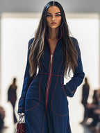 Slim-fit V-neck Casual Denim Jumpsuit With Large Pockets
