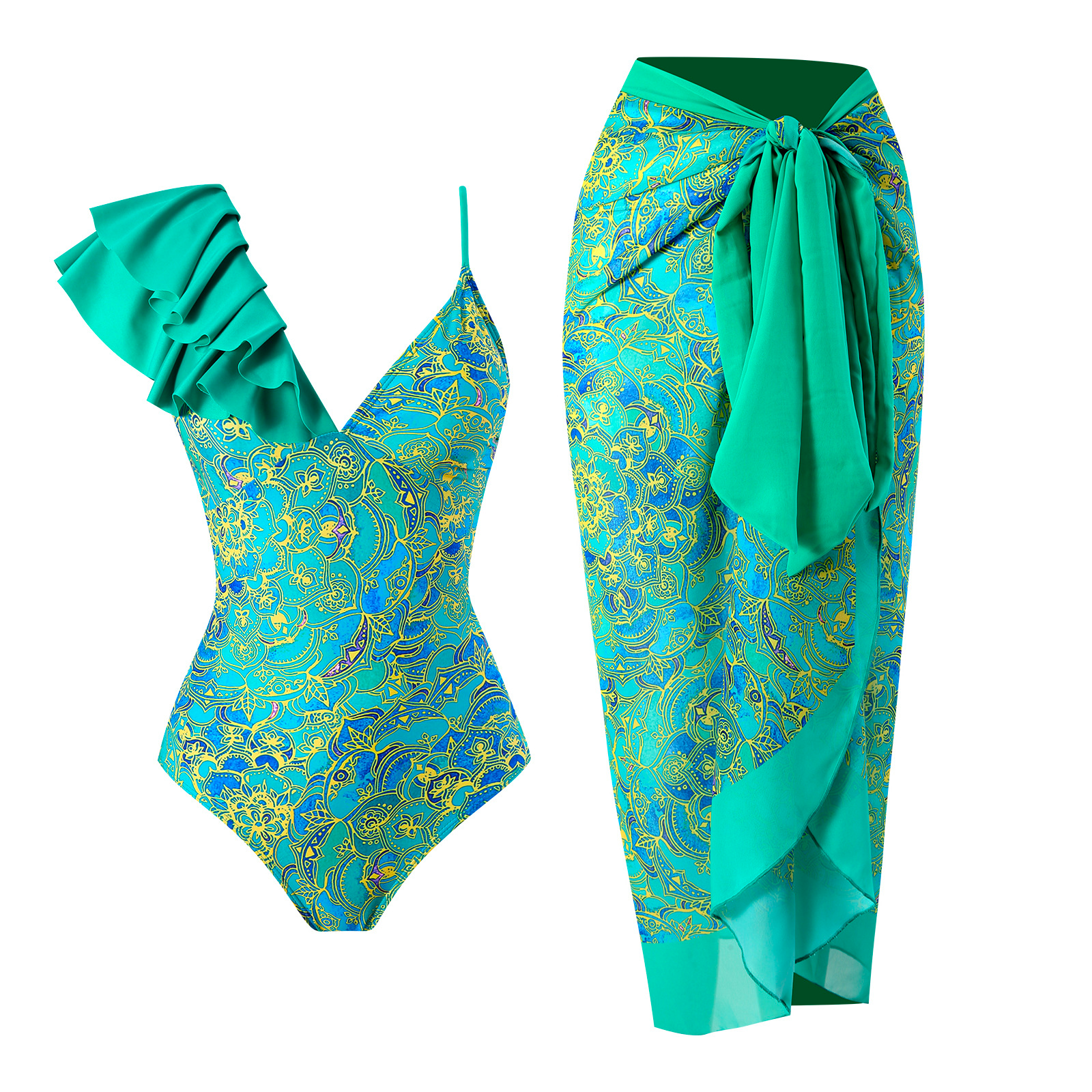 Printed V Neck Ruffle One-piece Swimsuit and Wrap Cover Up Skirt Set